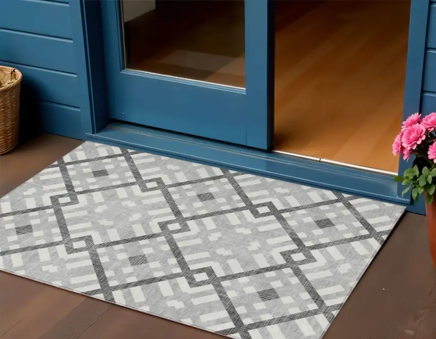 Gray Charcoal And Ivory Geometric Washable Indoor Outdoor Area Rug Photo 1