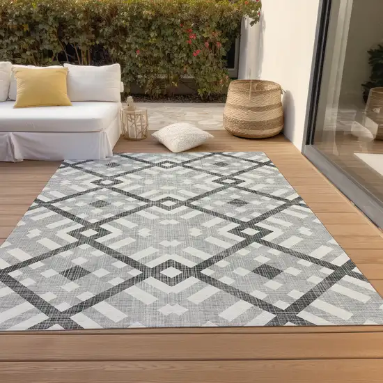 Gray Charcoal And Ivory Geometric Washable Indoor Outdoor Area Rug Photo 6