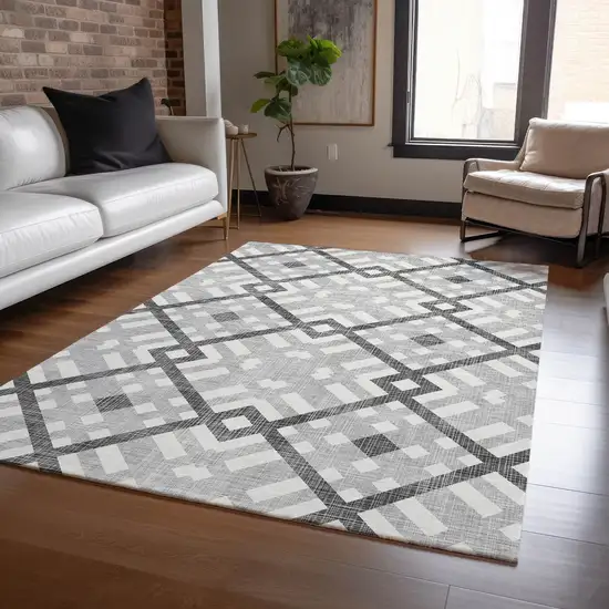 Gray Charcoal And Ivory Geometric Washable Indoor Outdoor Area Rug Photo 7