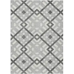 Photo of Gray Charcoal And Ivory Geometric Washable Indoor Outdoor Area Rug