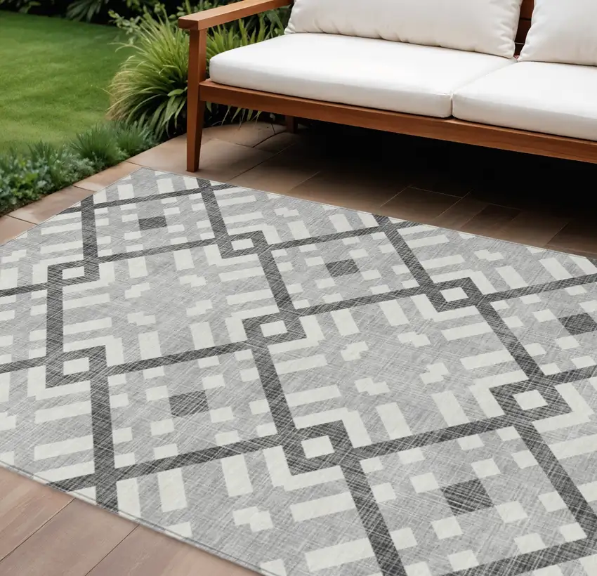 Gray Charcoal And Ivory Geometric Washable Indoor Outdoor Area Rug Photo 1