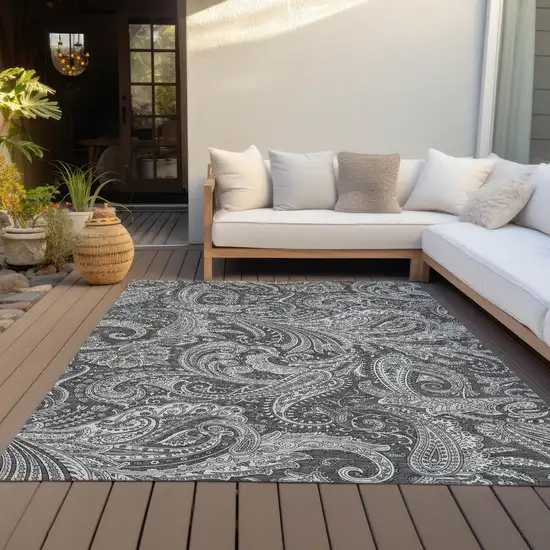 Gray Charcoal And Ivory Paisley Washable Indoor Outdoor Area Rug Photo 8