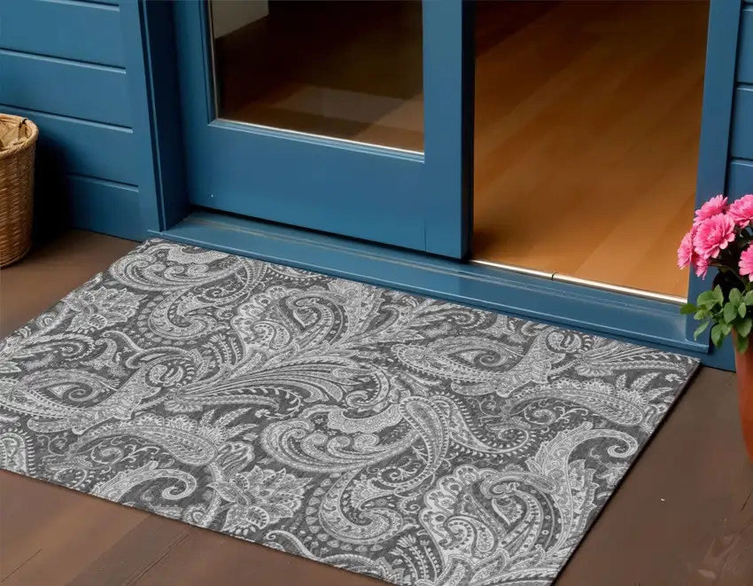 Gray Charcoal And Ivory Paisley Washable Indoor Outdoor Area Rug Photo 1