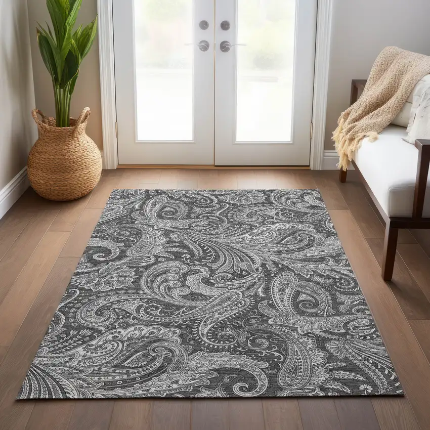 Gray Charcoal And Ivory Paisley Washable Indoor Outdoor Area Rug Photo 9