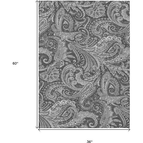 Gray Charcoal And Ivory Paisley Washable Indoor Outdoor Area Rug Photo 3