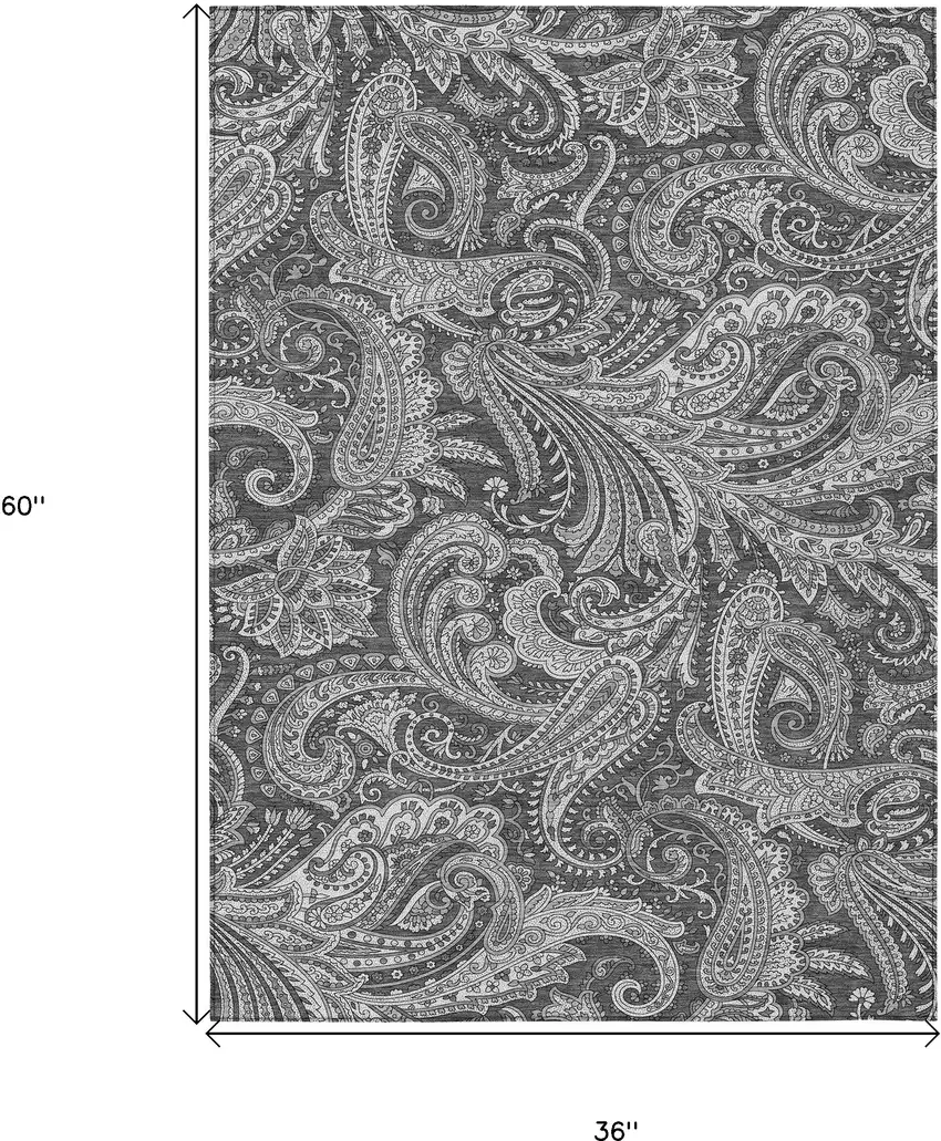 Gray Charcoal And Ivory Paisley Washable Indoor Outdoor Area Rug Photo 3