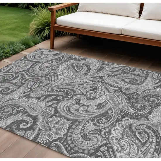 Gray Charcoal And Ivory Paisley Washable Indoor Outdoor Area Rug Photo 1