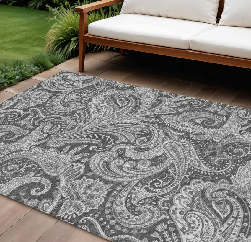 Gray Charcoal And Ivory Paisley Washable Indoor Outdoor Area Rug Photo 1