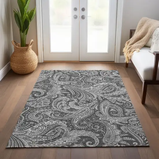 Gray Charcoal And Ivory Paisley Washable Indoor Outdoor Area Rug Photo 9