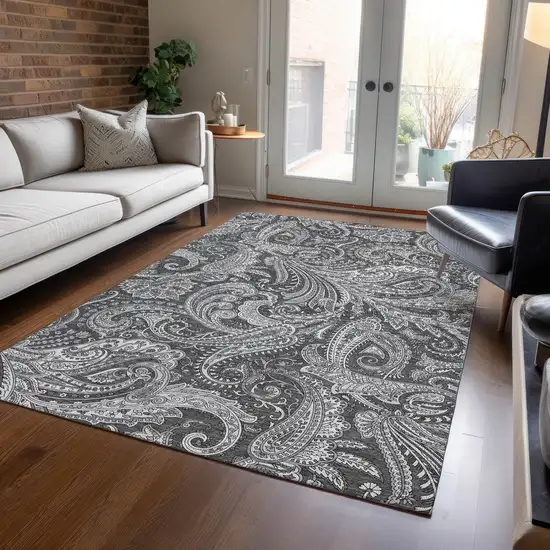 Gray Charcoal And Ivory Paisley Washable Indoor Outdoor Area Rug Photo 9