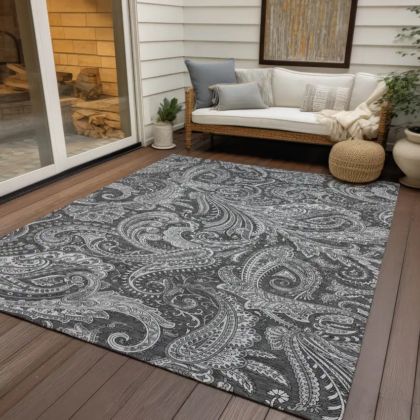 Gray Charcoal And Ivory Paisley Washable Indoor Outdoor Area Rug Photo 9