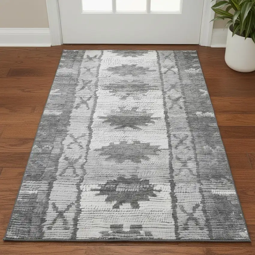 Gray Charcoal And Ivory Tribal Washable Area Rug With UV Protection Photo 2
