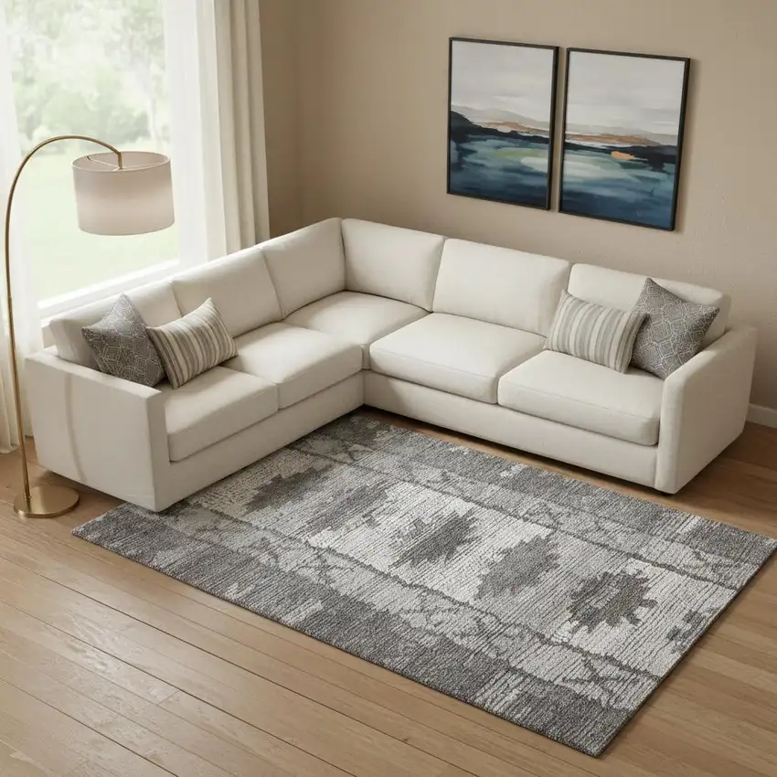 Gray Charcoal And Ivory Tribal Washable Area Rug With UV Protection Photo 2