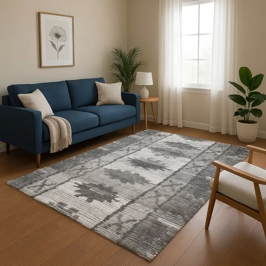Gray Charcoal And Ivory Tribal Washable Area Rug With UV Protection Photo 5