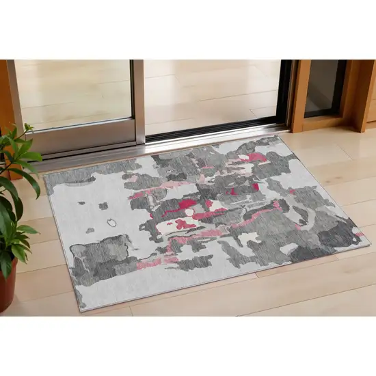 Gray Charcoal And Pink Abstract Washable Indoor Outdoor Area Rug Photo 1