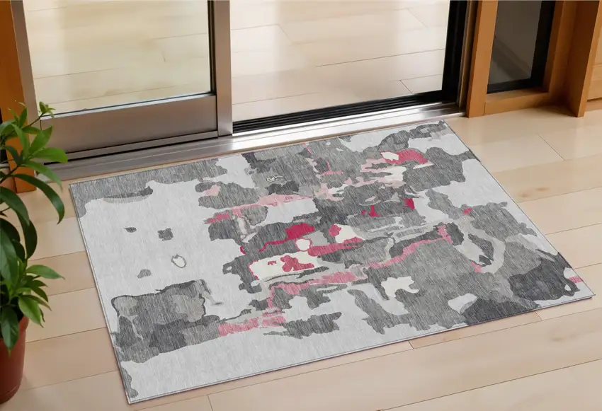 Gray Charcoal And Pink Abstract Washable Indoor Outdoor Area Rug Photo 1