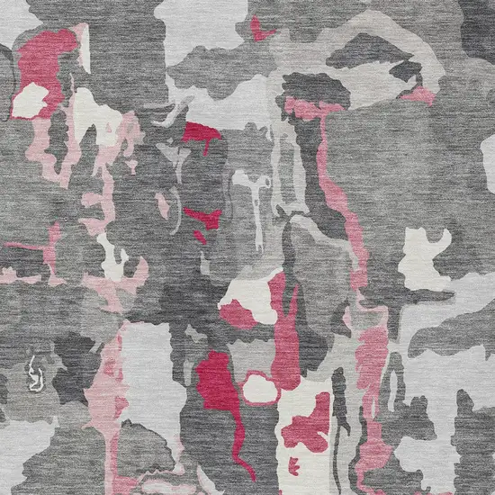 Gray Charcoal And Pink Abstract Washable Indoor Outdoor Area Rug Photo 6