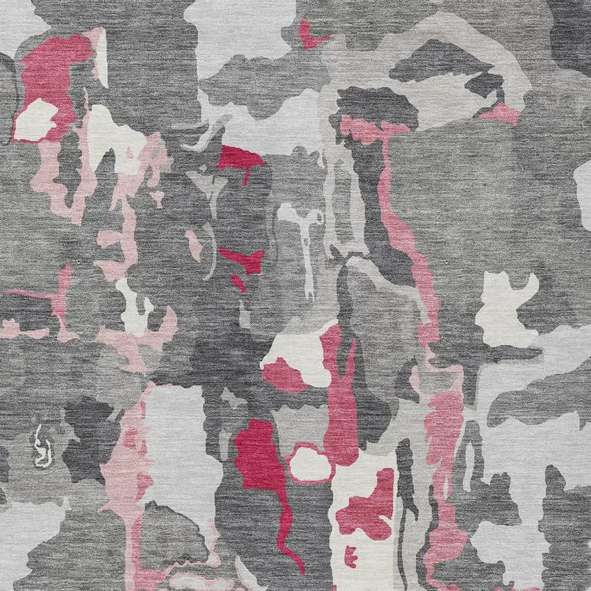 Gray Charcoal And Pink Abstract Washable Indoor Outdoor Area Rug Photo 6