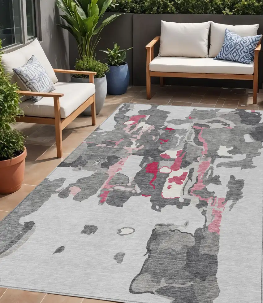 Gray Charcoal And Pink Abstract Washable Indoor Outdoor Area Rug Photo 1