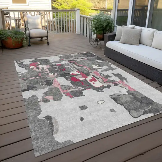 Gray Charcoal And Pink Abstract Washable Indoor Outdoor Area Rug Photo 9