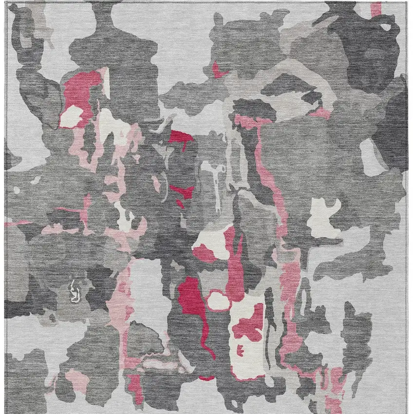 Gray Charcoal And Pink Abstract Washable Indoor Outdoor Area Rug Photo 8