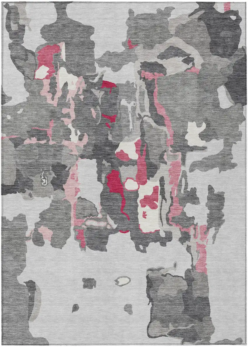 Gray Charcoal And Pink Abstract Washable Indoor Outdoor Area Rug Photo 2
