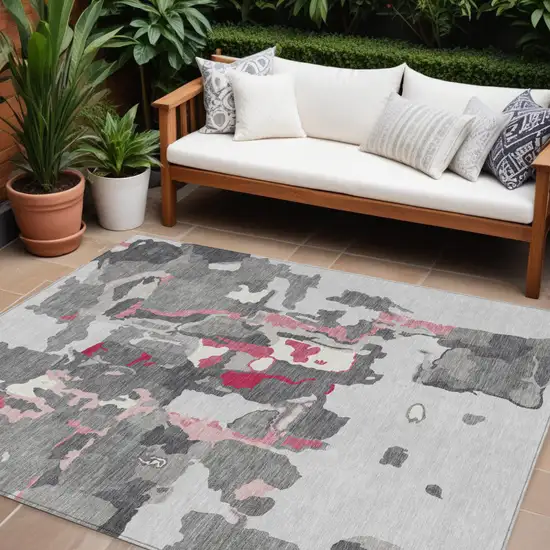 Gray Charcoal And Pink Abstract Washable Indoor Outdoor Area Rug Photo 1