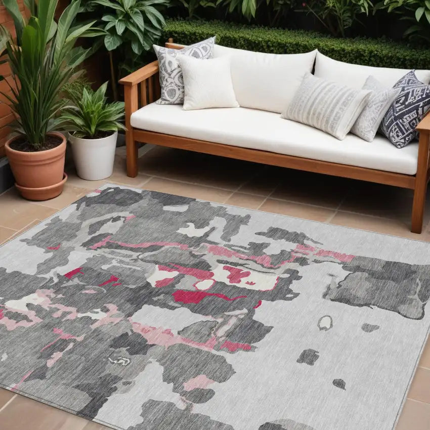 Gray Charcoal And Pink Abstract Washable Indoor Outdoor Area Rug Photo 1