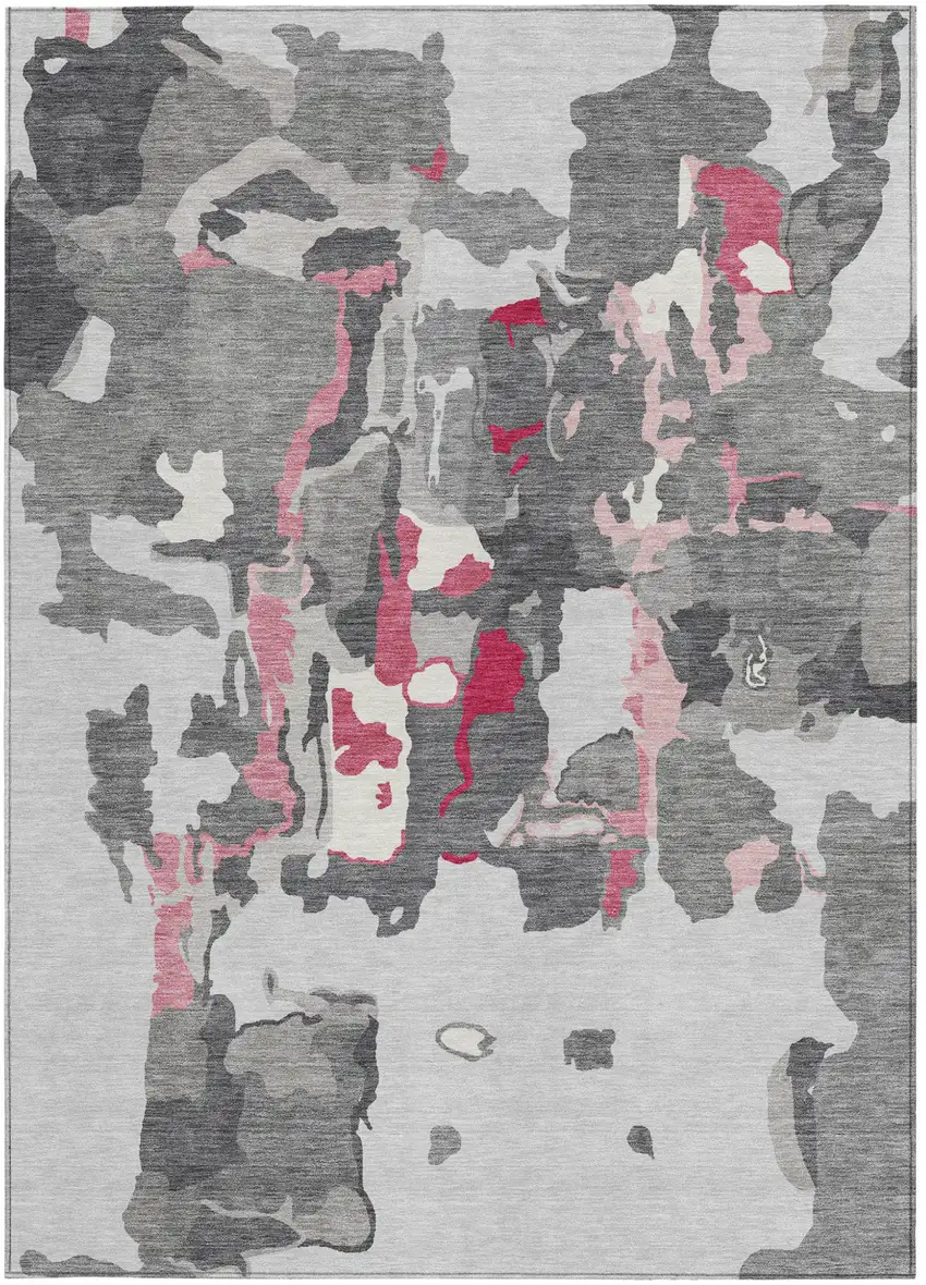 Gray Charcoal And Pink Abstract Washable Indoor Outdoor Area Rug Photo 8