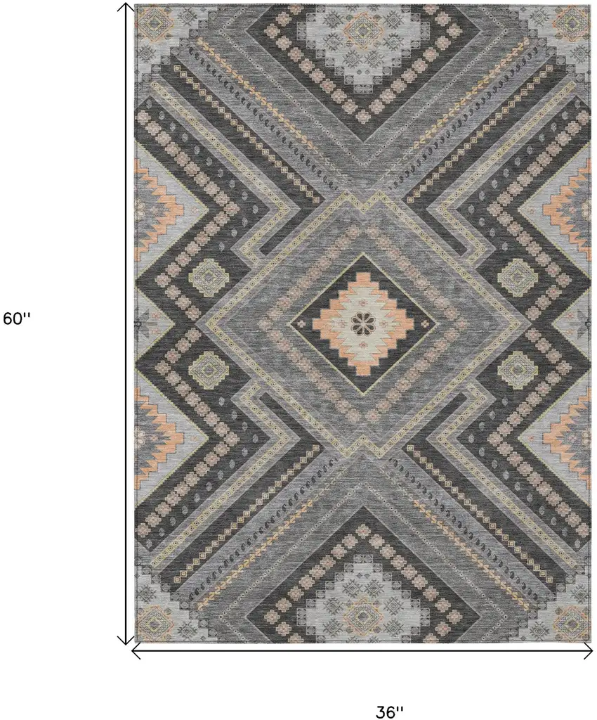 Gray Charcoal And Pink Tribal Washable Indoor Outdoor Area Rug Photo 3