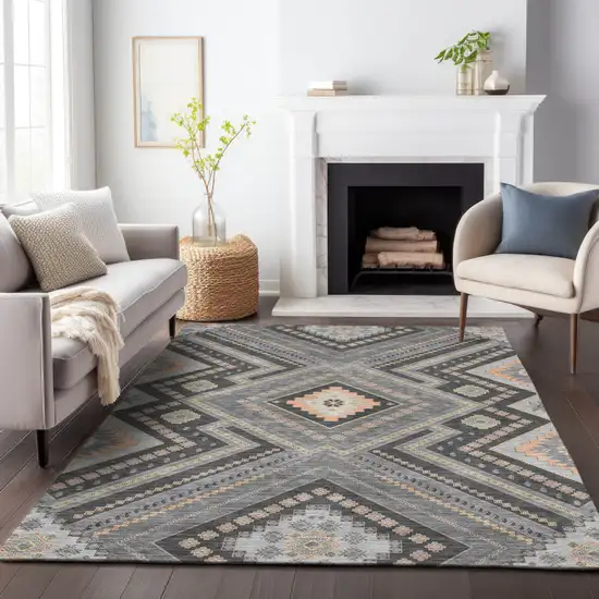 Gray Charcoal And Pink Tribal Washable Indoor Outdoor Area Rug Photo 9