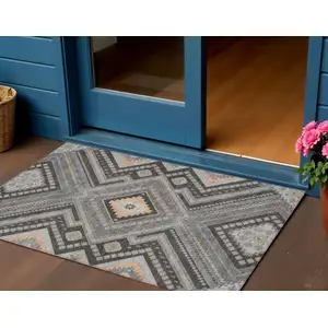 Photo of Gray Charcoal And Pink Tribal Washable Indoor Outdoor Area Rug