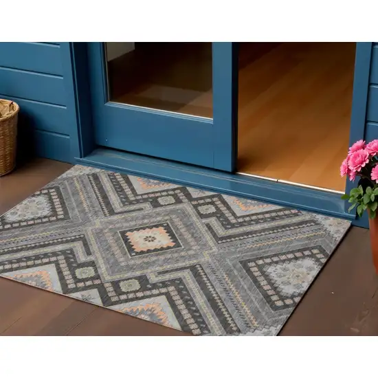 Gray Charcoal And Pink Tribal Washable Indoor Outdoor Area Rug Photo 1