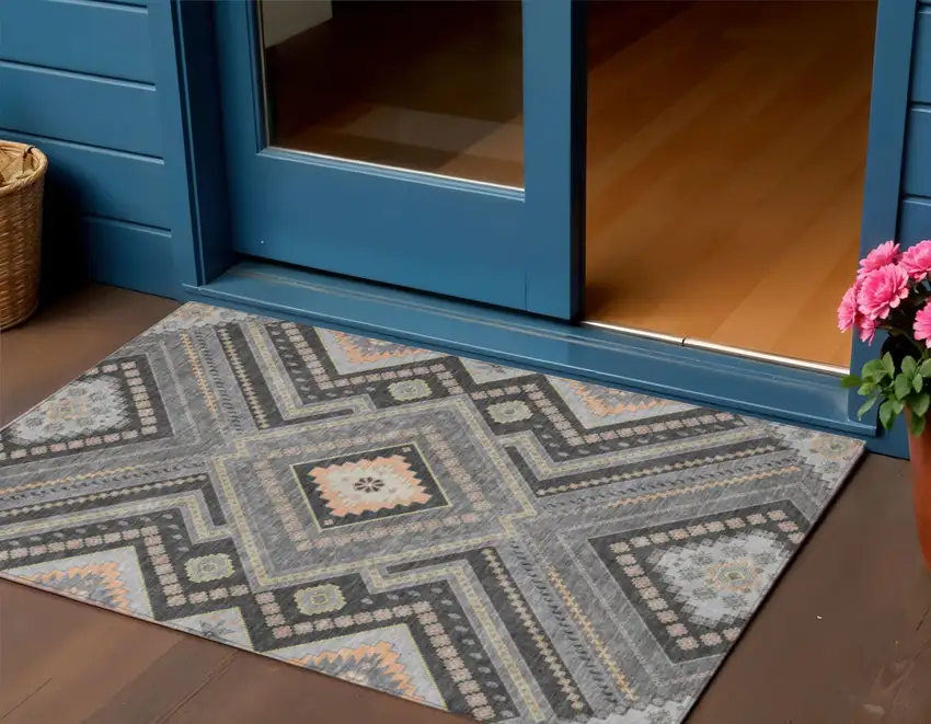 Gray Charcoal And Pink Tribal Washable Indoor Outdoor Area Rug Photo 1