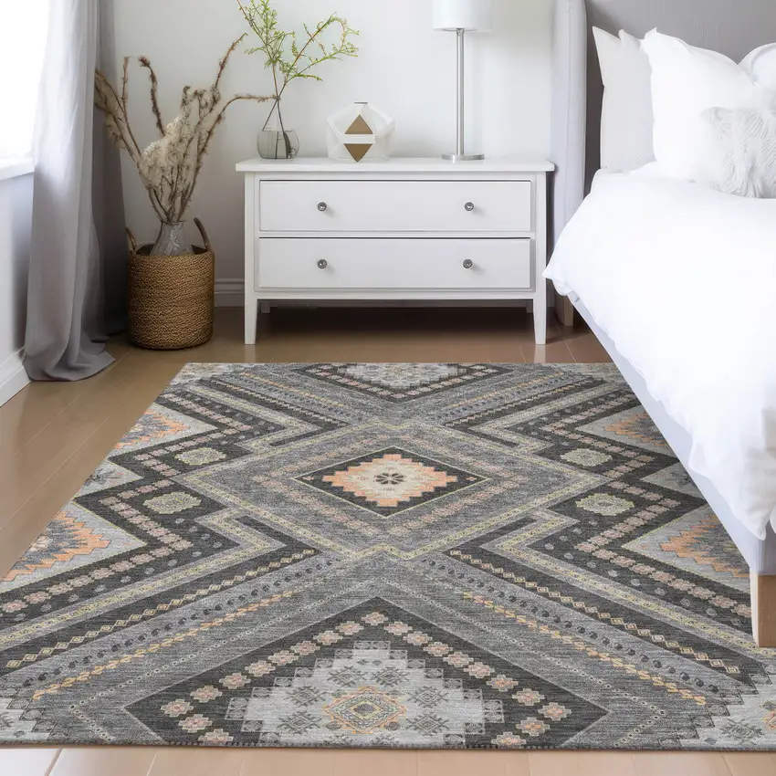 Gray Charcoal And Pink Tribal Washable Indoor Outdoor Area Rug Photo 9