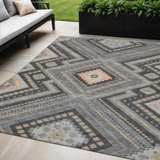 Gray Charcoal And Pink Tribal Washable Indoor Outdoor Area Rug Photo 1