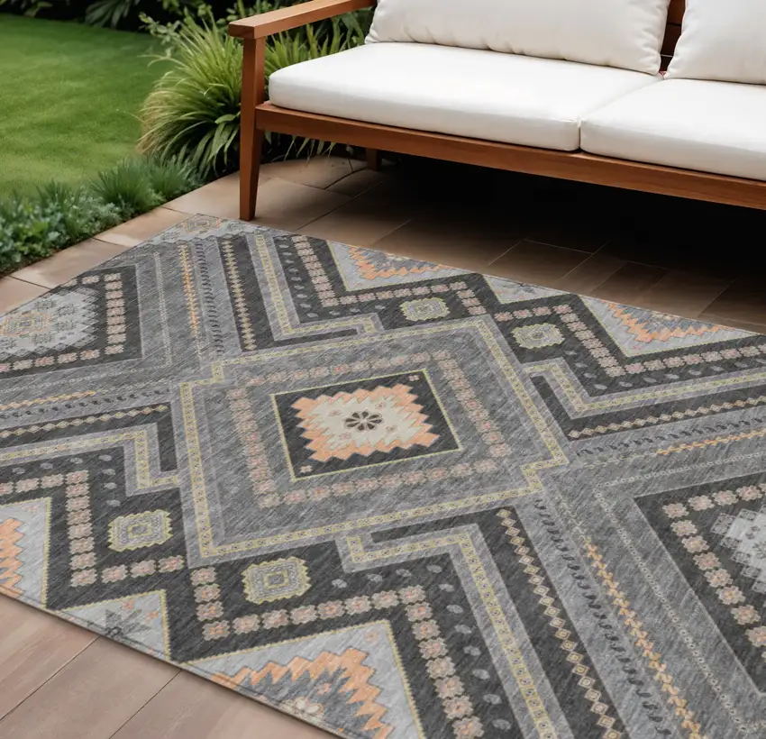 Gray Charcoal And Pink Tribal Washable Indoor Outdoor Area Rug Photo 1