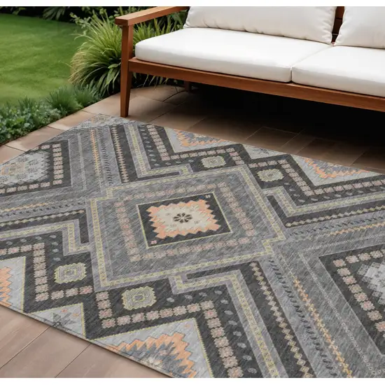 Gray Charcoal And Pink Tribal Washable Indoor Outdoor Area Rug Photo 1