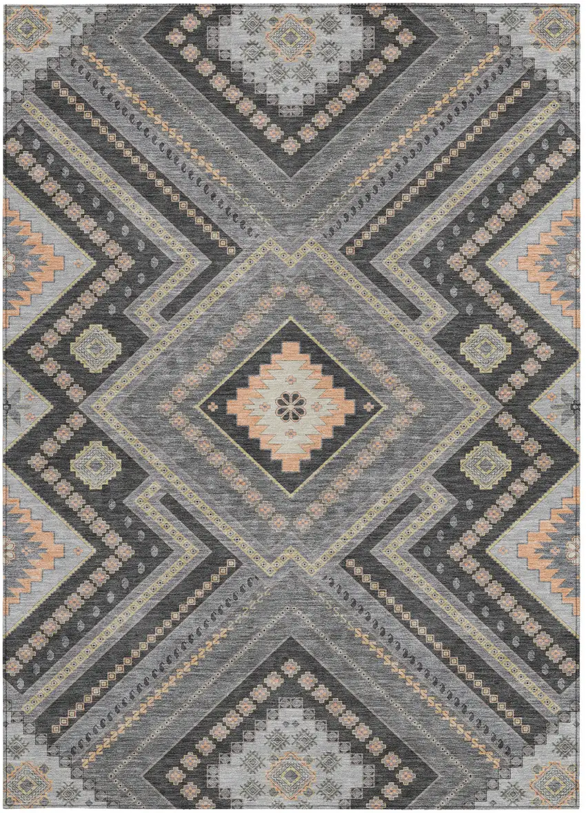 Gray Charcoal And Pink Tribal Washable Indoor Outdoor Area Rug Photo 7