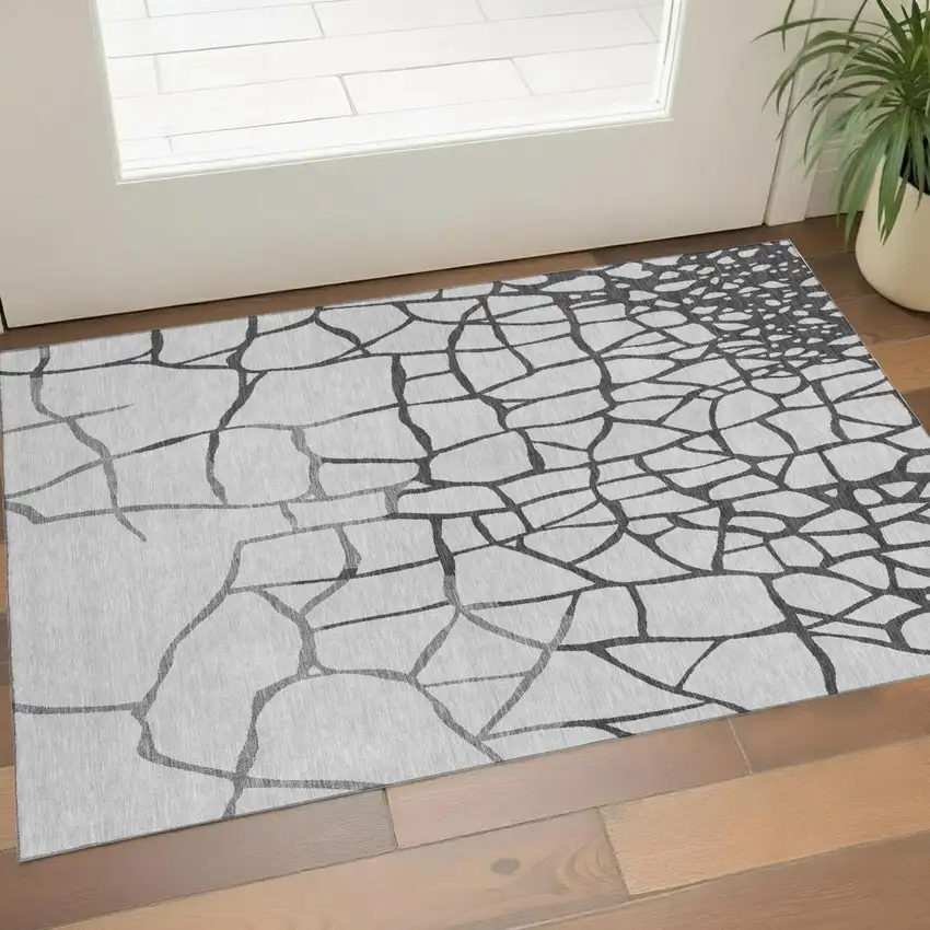 Gray Charcoal And Silver Abstract Geometric Washable Area Rug With UV Protection Photo 1