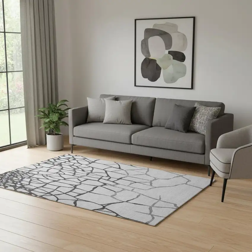 Gray Charcoal And Silver Abstract Geometric Washable Area Rug With UV Protection Photo 2