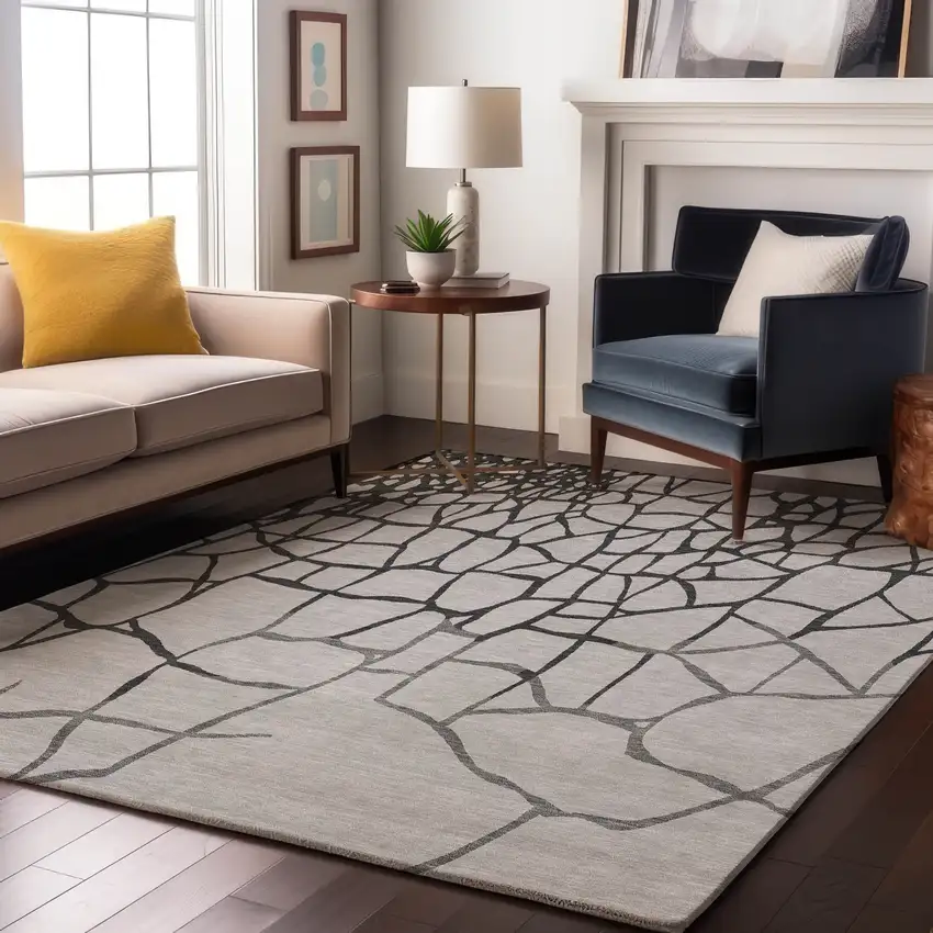 Gray Charcoal And Silver Abstract Geometric Washable Area Rug With UV Protection Photo 4