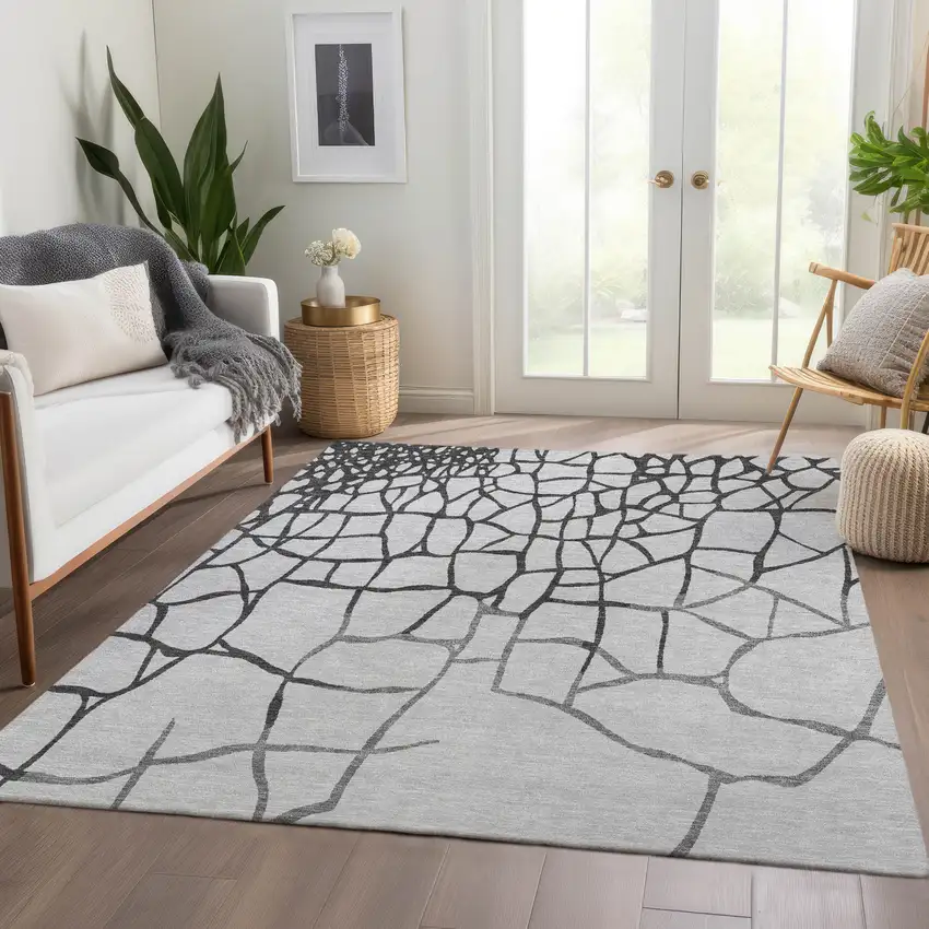 Gray Charcoal And Silver Abstract Geometric Washable Area Rug With UV Protection Photo 5