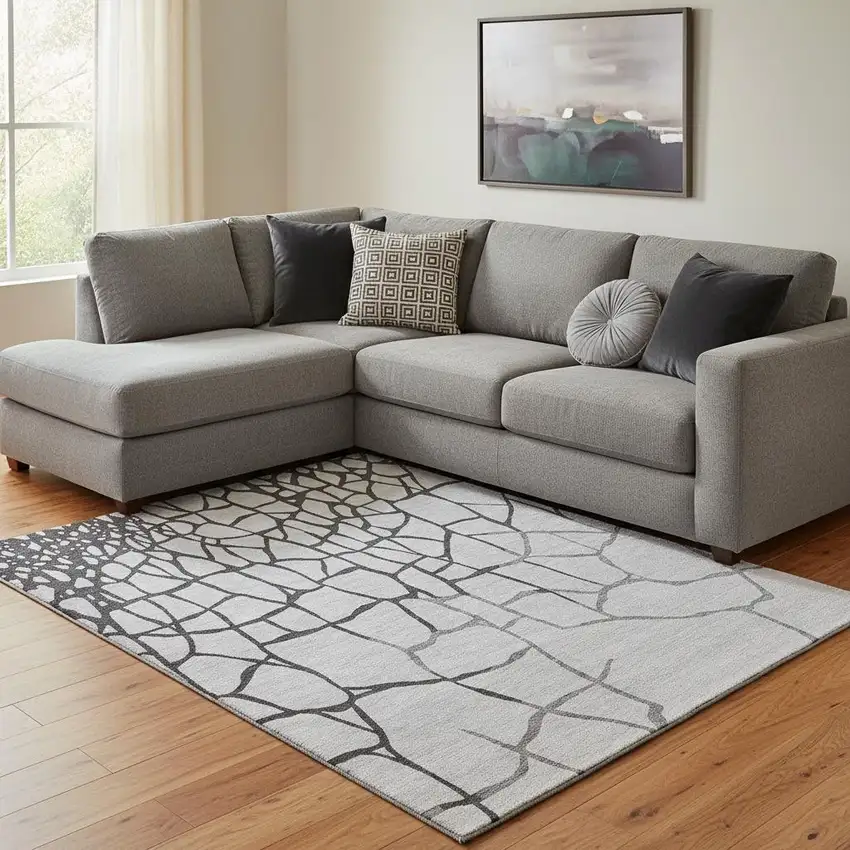 Gray Charcoal And Silver Abstract Geometric Washable Area Rug With UV Protection Photo 2