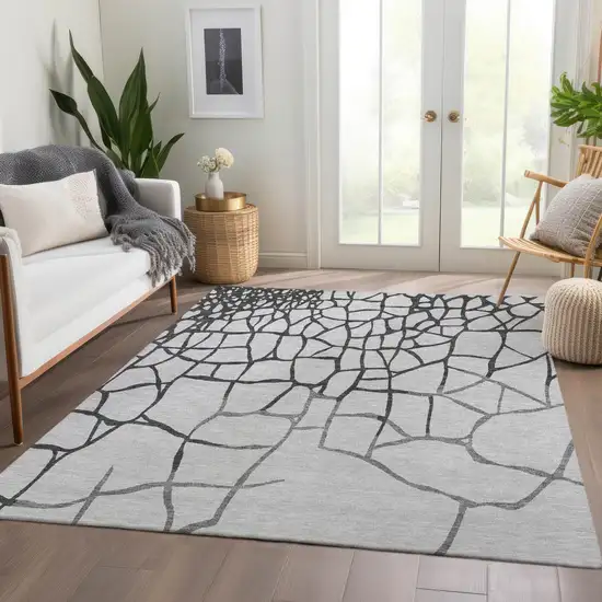 Gray Charcoal And Silver Abstract Geometric Washable Area Rug With UV Protection Photo 5