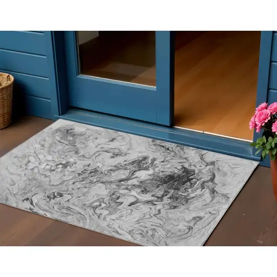 Gray Charcoal And Silver Abstract Washable Indoor Outdoor Area Rug Photo 1