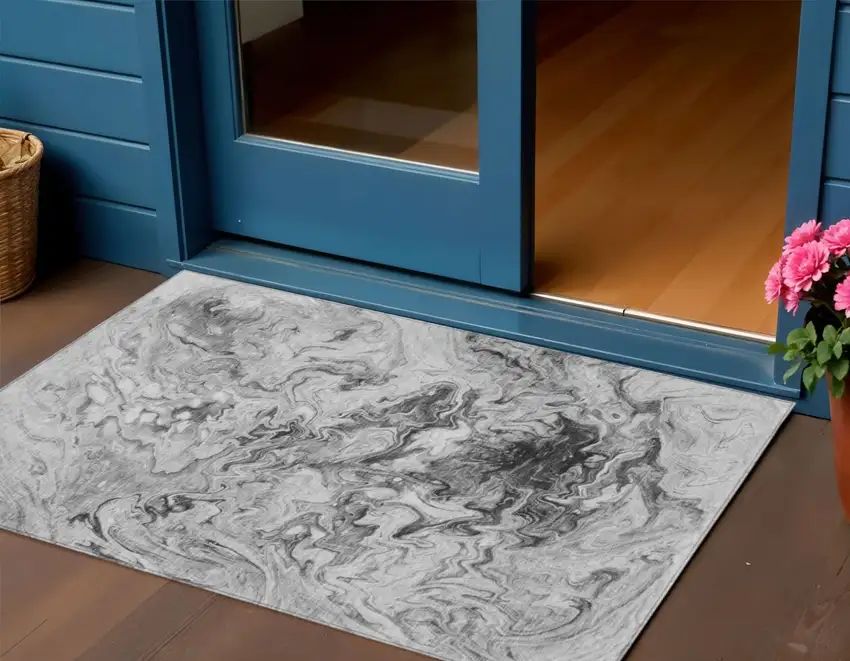 Gray Charcoal And Silver Abstract Washable Indoor Outdoor Area Rug Photo 1
