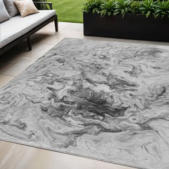 Gray Charcoal And Silver Abstract Washable Indoor Outdoor Area Rug Photo 1