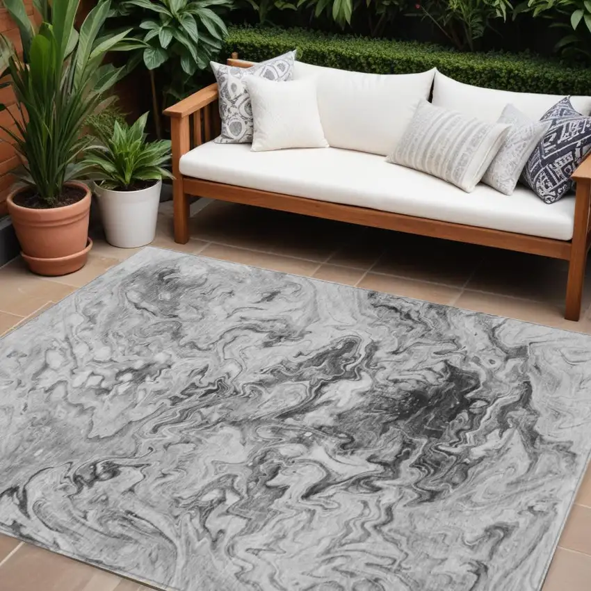 Gray Charcoal And Silver Abstract Washable Indoor Outdoor Area Rug Photo 1