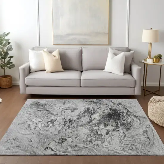 Gray Charcoal And Silver Abstract Washable Indoor Outdoor Area Rug Photo 8